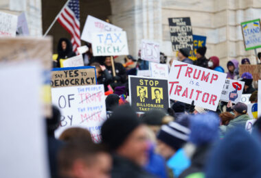 Protesters at the Minnesota State Capitol in St. Paul, Minnesota on March 4, 2025.  Taking place on the afternoon of President Trump’s first address to joint session in congress, they are protesting the actions of the Trump Administration and Elon Musk’s involvement. 

The protest was organized as part of the “50501” protests taking place around the country. This is the first of two planned protests this week. Another is planned for Saturday at the State Capitol.