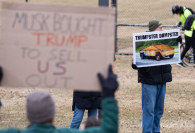About 500 protesters outside Tesla in Minneapolis (Golden Valley) with signs reading “NOT PAID JUST PISSED”, “Tesla Funds Fascists”, “Save the VA”, “No Vet Left Behind”, Make Nazis Afraid Again” to name a few. This is the 7th weekend in a row of protests at this showroom.
