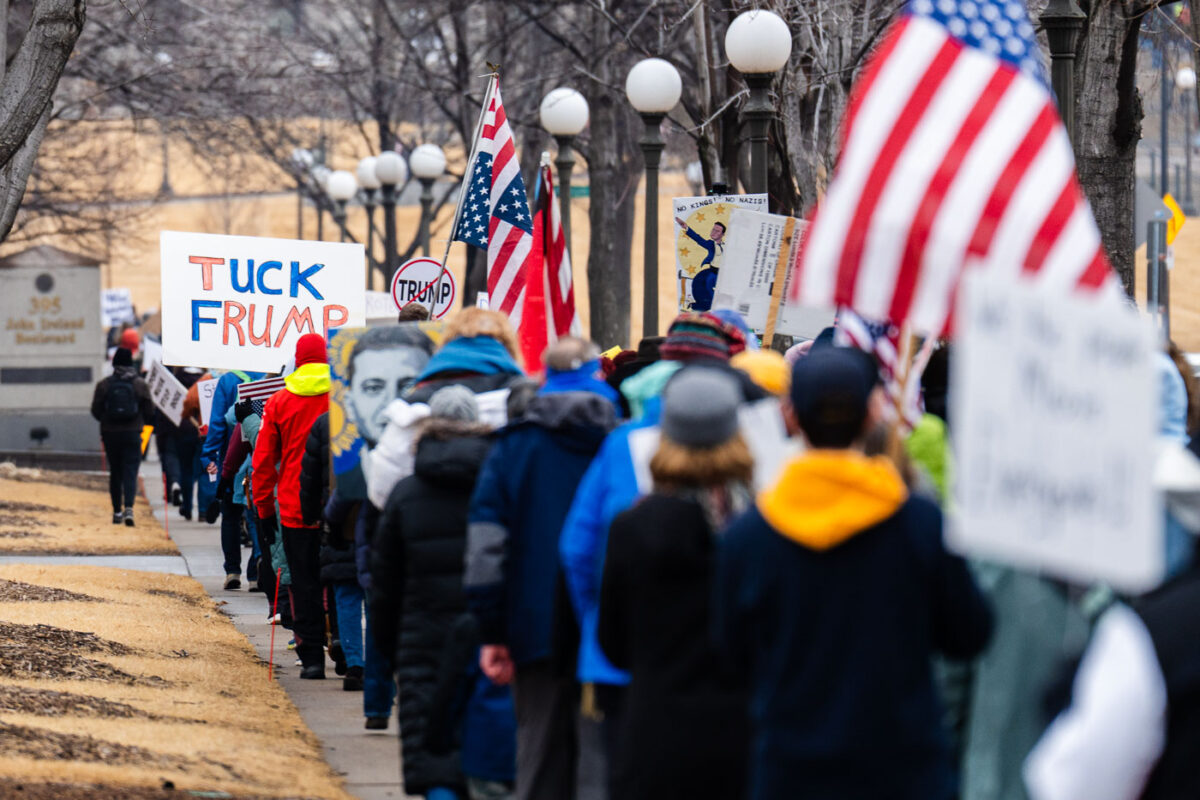 Protesters at the Minnesota State Capitol in St. Paul, Minnesota on March 4, 2025.  Taking place on the afternoon of President Trump’s first address to joint session in congress, they are protesting the actions of the Trump Administration and Elon Musk’s involvement. 

The protest was organized as part of the “50501” protests taking place around the country. This is the first of two planned protests this week. Another is planned for Saturday at the State Capitol.