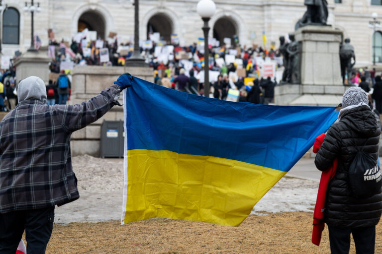 50501 Protest: Ukraine flag in Minnesota 1 Protesters at the Minnesota State Capitol in St. Paul, Minnesota on March 4, 2025. Taking place on the afternoon of President Trump’s first address to joint session in congress, they are protesting the actions of the Trump Administration and Elon Musk’s involvement.
The protest was organized as part of the “50501” protests taking place around the country. This is the first of two planned protests this week. Another is planned for Saturday at the State Capitol.
