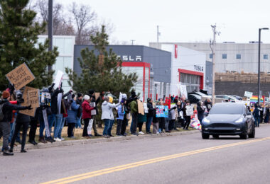 About 500 protesters outside Tesla in Minneapolis (Golden Valley) with signs reading “NOT PAID JUST PISSED”, “Tesla Funds Fascists”, “Save the VA”, “No Vet Left Behind”, Make Nazis Afraid Again” to name a few. This is the 7th weekend in a row of protests at this showroom.