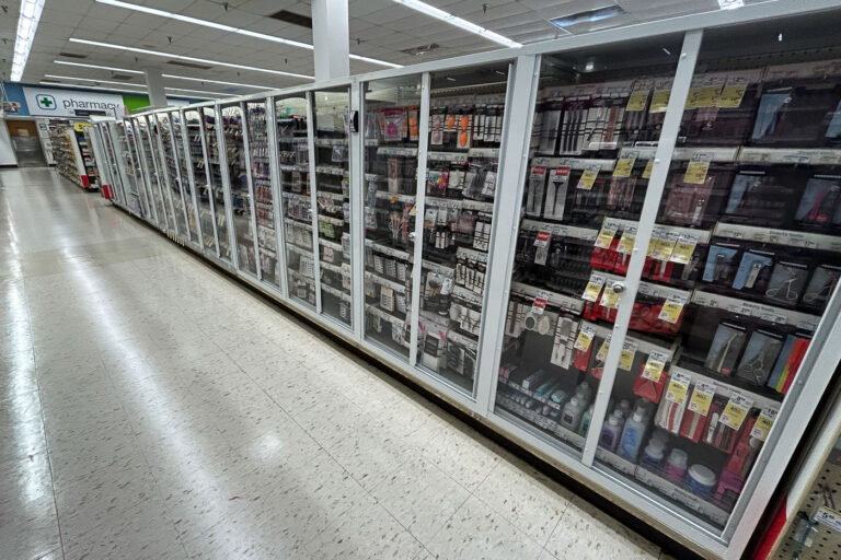 Anti Theft measures at Walgreens 4 Anti-theft measures at a Walgreens in Minneapolis in April 2025.