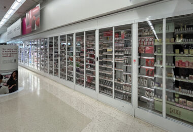 Anti-theft measures at a Walgreens in Minneapolis in April 2025.