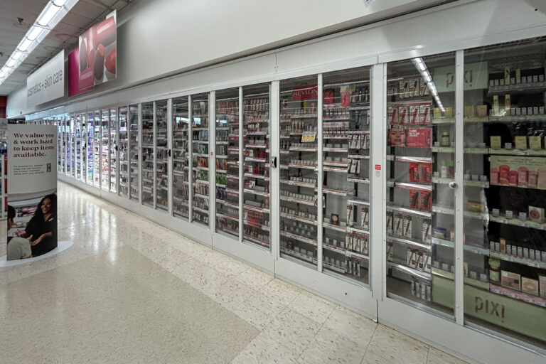 Anti-theft measures at a Walgreens in Minneapolis in April 2025.