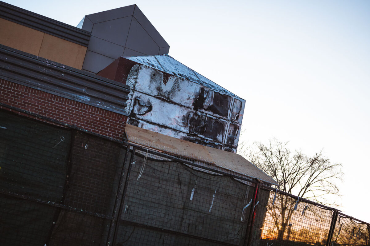 Construction and plywood at burned Minneapolis police station