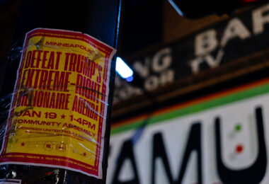A protest flyer on a street pole in Minneapolis.