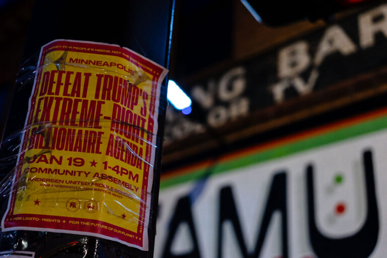 Defeat Trump's Extreme-Right Billionaire Agenda 2 A protest flyer on a street pole in Minneapolis.