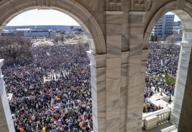 The Minnesota State Patrol estimates 25,000 gathered at the Minnesota State Capitol this afternoon as part of the nationwide “Hands Off!” protests.
