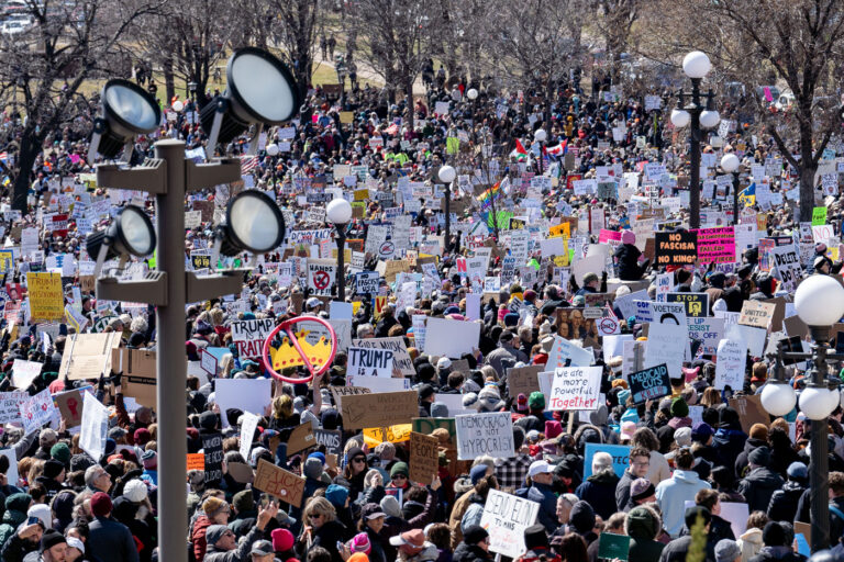Protest signs at Hands Off St. Paul Minnesota 4 The Minnesota State Patrol estimates 25,000 gathered at the Minnesota State Capitol this afternoon as part of the nationwide “Hands Off!” protests.
