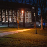 Harvard Library at night in Cambridge, MA.