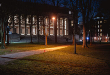 Harvard Library at night in Cambridge, MA.