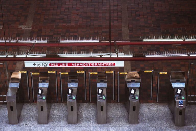 Fare Gates for the Red Line's Ashmont/Braintree Branch 1 Fare gates at Alewife Station, the northern terminus of Boston's MBTA Red Line.