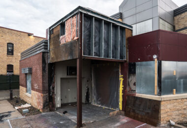 The removal of the front vestibule at the former Minneapolis police third precinct police station. The police station has sat vacant since it was set on fire on May 28th, 2020 following the murder of George Floyd.