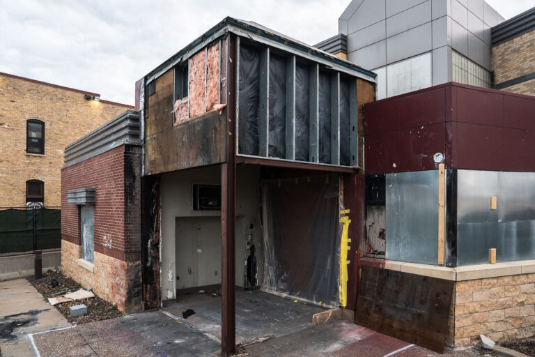 Minneapolis police station vestibule removal 3 The removal of the front vestibule at the former Minneapolis police third precinct police station. The police station has sat vacant since it was set on fire on May 28th, 2020 following the murder of George Floyd.