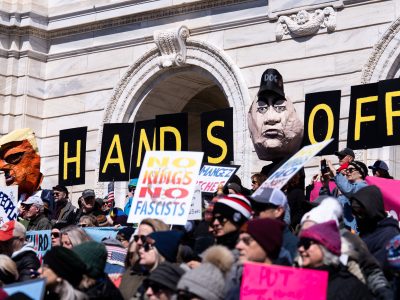 "No Kings No Fascists" Signs at the Hands Off Rally in St. Paul