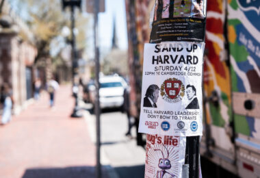 Stand Up Harvard protest flyer seen at Harvard University.

"Stand Up Harvard"
"Tell Harvard leadership: Don't bow to tyrants"