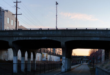 A surveillance camera on Pleasant Ave over the Midtown Greenway in Minneapolis.