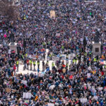 Hands Off Minnesota State Capitol crowd of thousands 2 Hands Off! protest signs in St. Paul.The Minnesota State Patrol estimates 25,000 gathered at the Minnesota State Capitol this afternoon as part of the nationwide “Hands Off!” protests.