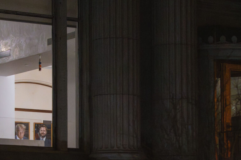 Trump and Vance in Wellstone building 3 Portraits of President Donald Trump and Vice President JD Vance inside the Wellstone Building in downtown Minneapolis.