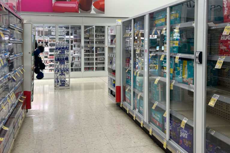 Walgreens anti-theft measures in Minneapolis 3 Anti-theft measures at a Walgreens in Minneapolis in April 2025.