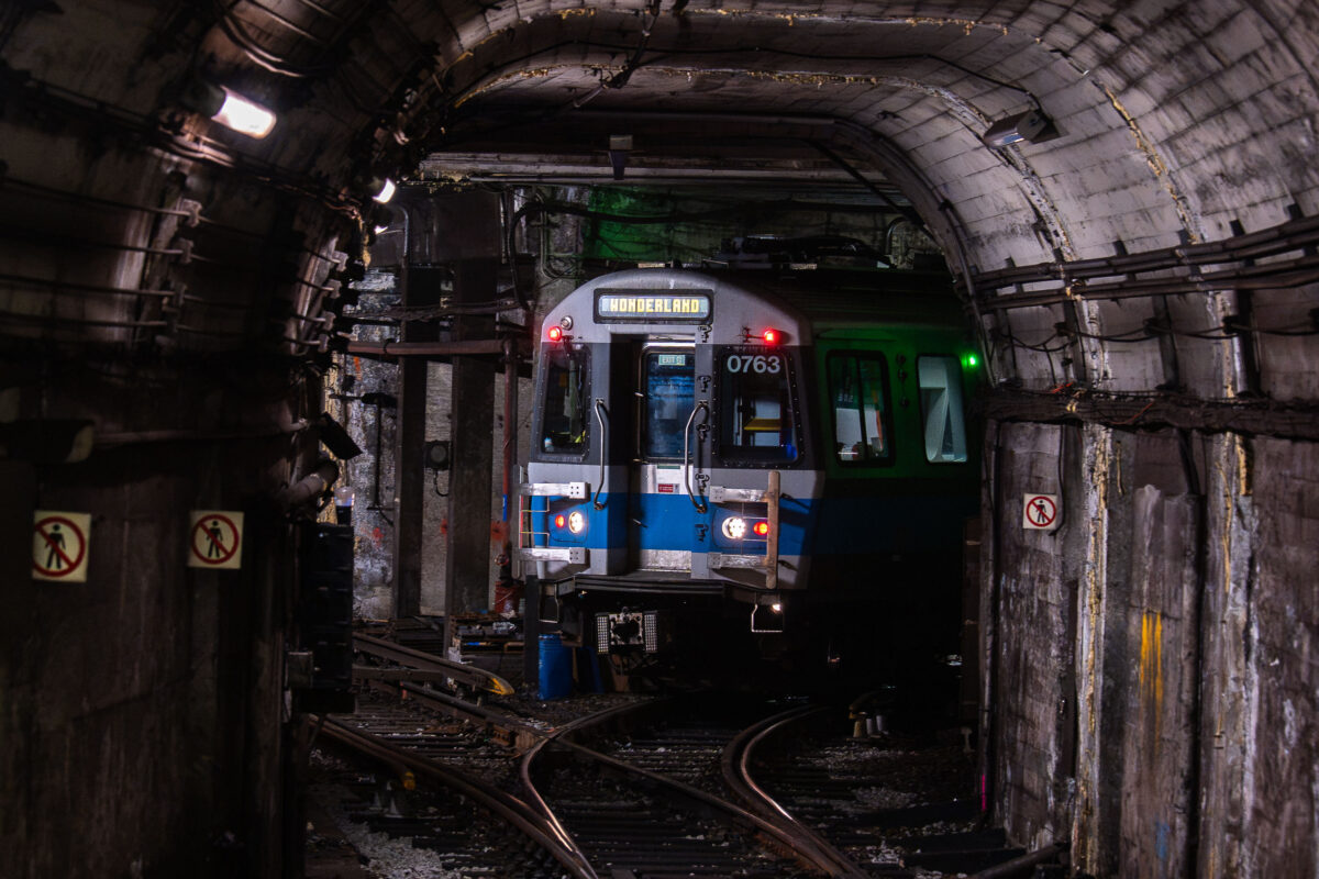 Wonderland train in subway tunnel, Boston