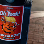 Poster on a pole at Harvard University.You're in a Cult" in the form of the Kool-Aid man with a link that redirects to The Council on Foreign Relations's definition of fascism.
