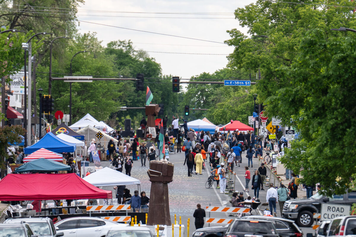 George Floyd Square on the 5th anniversary of the murder of George Floyd. The area where Floyd was killed has been a place of protest ever since.