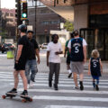 Fans in downtown Minneapolis heading to Target Center for a Minnesota Timberwolves playoff game.
