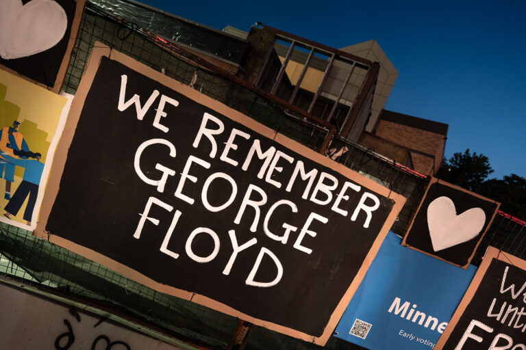 George Floyd at Minneapolis police station 5 years later 2 We Remember George Floyd seen on the fencing around the burned Minneapolis police third precinct police station on the 5th anniversary of his murder.