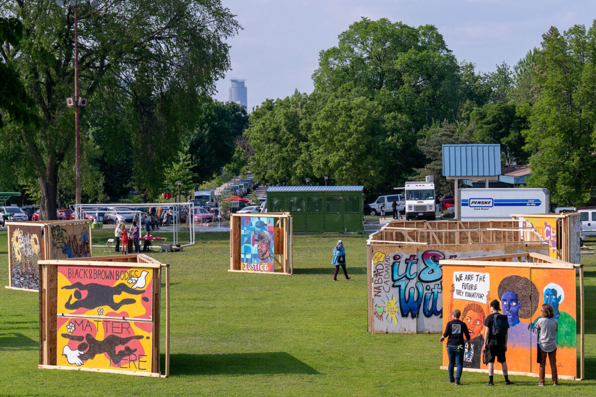 Boards from the Minneapolis Uprising at Phelps Park on the 5th anniversary of George Floyd's murder. 

Memorialize The Movement is an organization that has worked to preserve these boards as historical artifacts.