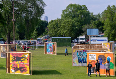 Boards from the Minneapolis Uprising at Phelps Park on the 5th anniversary of George Floyd's murder. 

Memorialize The Movement is an organization that has worked to preserve these boards as historical artifacts.