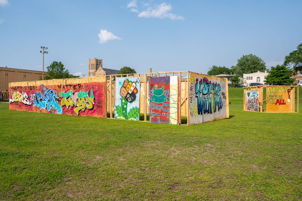 Memorialize The Movement  showing boards from the Minneapolis Uprising at Phelps Park on the 5th anniversary of George Floyd's murder.