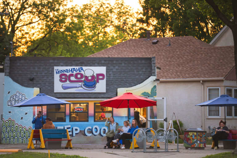 Minnehaha Scoop in South Minneapolis 4 People with ice cream outside of Minnehaha Scoop on Minnehaha Avenue in South Minneapolis.