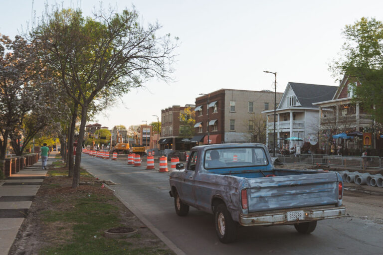 Old Ford truck on Hennepin 1 An old Ford pickup rolls down a under construction Hennepin Avenue in Uptown Minneapolis.