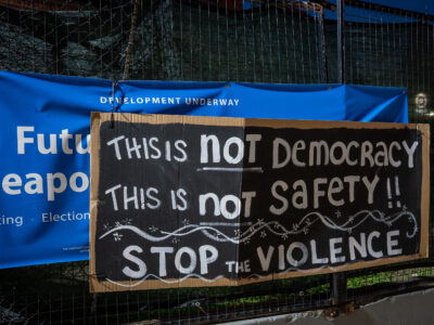 Minneapolis 3rd Precinct: 'Not Democracy, Not Safety, Stop Violence' Sign