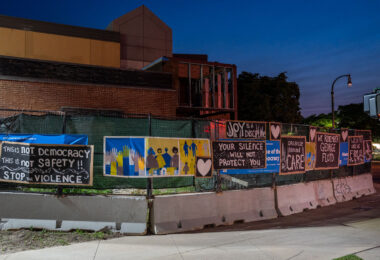 The burned Minneapolis police third precinct police station on the 5th anniversary of George Floyd's murder.