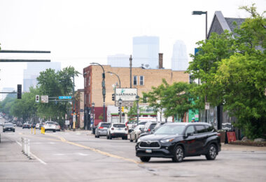 Looking down Nicollet Avenue with Canadian wildfire smoke impacting the Minneapolis air.