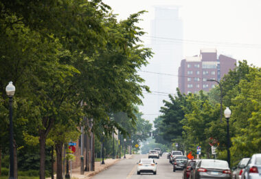 Smokey wildfire air hiding the Capella Tower in Downtown Minneapolis. As seen from the Midtown Greenway.
