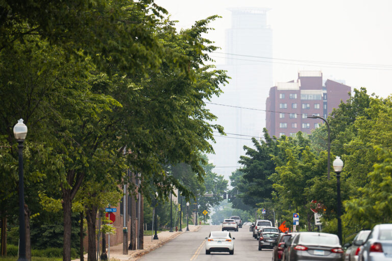 Canadian Wildfire Smoke Hiding Downtown Minneapolis 1 Smokey wildfire air hiding the Capella Tower in Downtown Minneapolis. As seen from the Midtown Greenway.