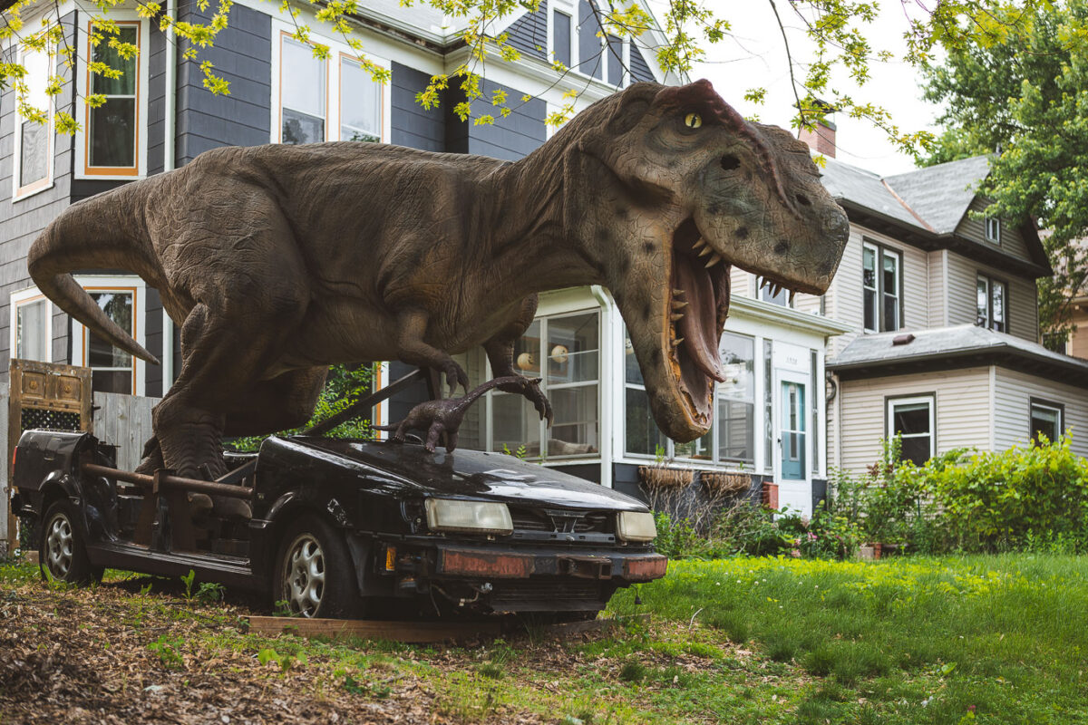 Dinosaur and baby dinosaur on the loose in South Minneapolis.