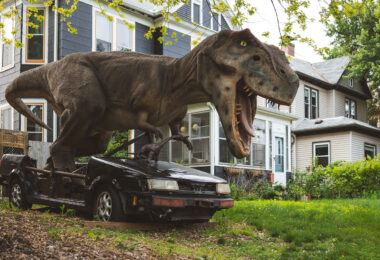 Dinosaur and baby dinosaur on the loose in South Minneapolis.