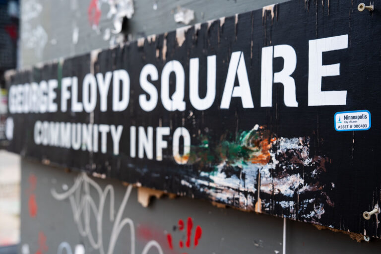 George Floyd Square Asset Sticker 1 The former bus shelter at Chicago Avenue/38th Street in George Floyd Square: City of Minneapolis Asset #000493