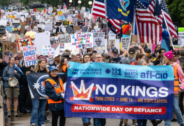 Indivisible Twin Cities No Kings banner during a march in June.

Despite warnings from the law enforcement not to attend today’s No Kings rally after this mornings shootings of Minnesota lawmakers with the killer on the lose, the No Kings Rally is happening at the Minnesota State Capitol in St. Paul.