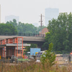 Canadian wildfire smoke making downtown skyline barely visible from the Lake Street Station.