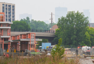 Canadian wildfire smoke making downtown skyline barely visible from the Lake Street Station.
