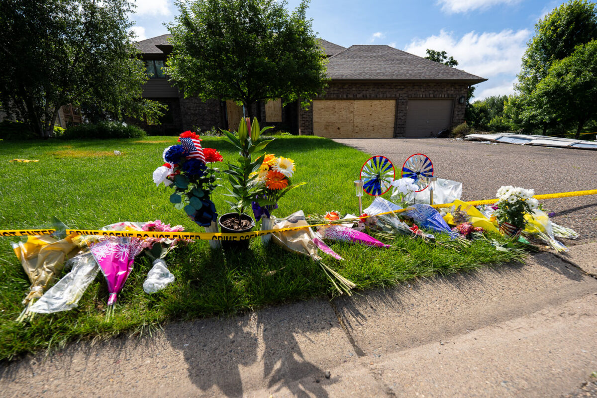 A memorial outside of Minnesota Representative Melissa Hortman's home. She was assassinated along with her husband that lead to a 2 day manhunt for Vance Boelter.