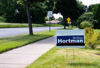 A Melissa Hortman yard sign in Brooklyn Park in the days following her assassination.