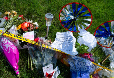 A memorial outside of Minnesota Representative Melissa Hortman's home. She was assassinated along with her husband that lead to a 2 day manhunt for Vance Boelter.
