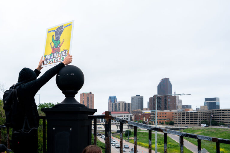 No Justice No Streets protest sign at No Kings 4 Despite warnings from the law enforcement not to attend today’s No Kings rally after this mornings shootings of Minnesota lawmakers with the killer on the lose, the No Kings Rally is happening at the Minnesota State Capitol in St. Paul.
