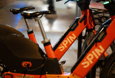 SPIN e-bikes for rent seen in Minneapolis.